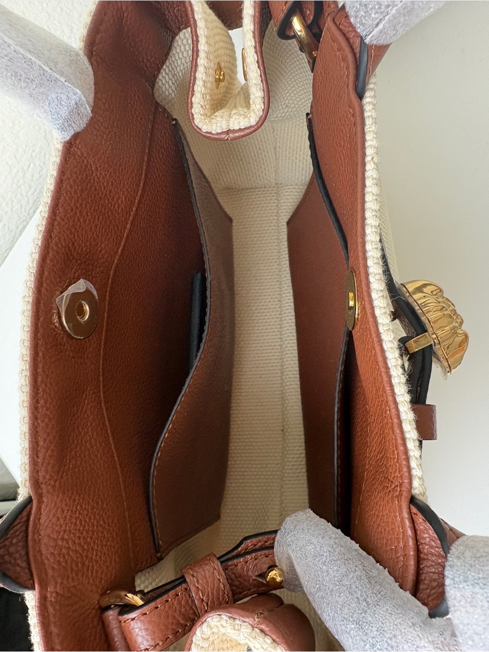 Versace Cream Tote with Brown Leather Strap and Gold Medusa Detail - Picture 6 of 9